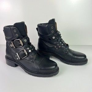 Frye Women's Samantha Stud Belted Hiker Combat Ankle Boots Black Size 7